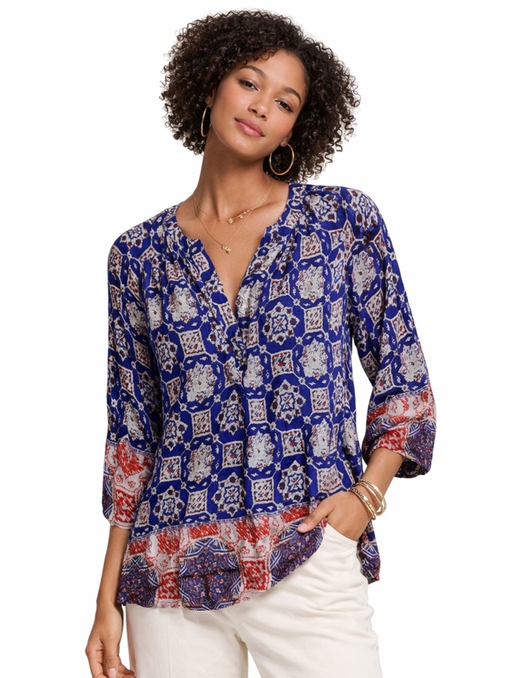 Printed Split-Neck Tunic Top in Blue and Red